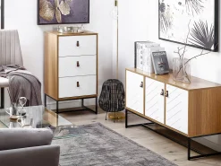 Comoda Com 3 Gavetas Em Madeira Clara E Branca Nueva