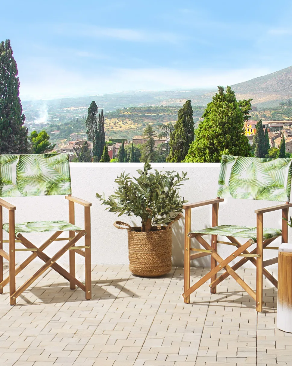 Conjunto 2 Cadeiras Madeira Clara E 2 Lonas Creme E Padrao Palmeiras Cine