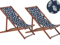 Conjunto 2 Espreguicadeiras Madeira Escura E 2 Lonas Brancas E Padrao Conchas Anzio