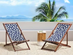 Conjunto 2 Espreguicadeiras Madeira Escura E 2 Lonas Brancas E Padrao Conchas Anzio