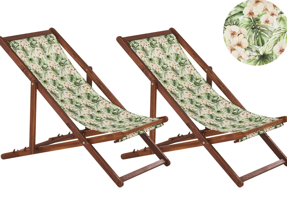 Conjunto 2 Espreguicadeiras Madeira Escura 2 Lonas Brancas E Padrao Folhas E Flores Anzio