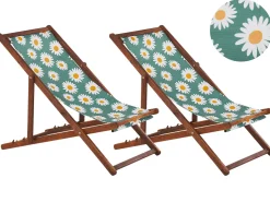 Conjunto 2 Espreguicadeiras Madeira Escura E 2 Lonas Brancas E Padrao Camelias Anzio