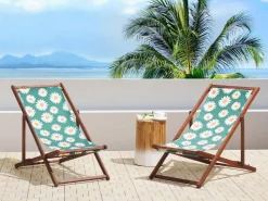 Conjunto 2 Espreguicadeiras Madeira Escura E 2 Lonas Brancas E Padrao Camelias Anzio