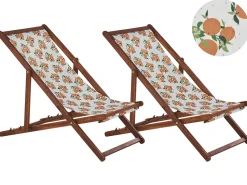 Conjunto 2 Espreguicadeiras Madeira Escura E 2 Lonas Brancas E Padrao Laranjas Anzio