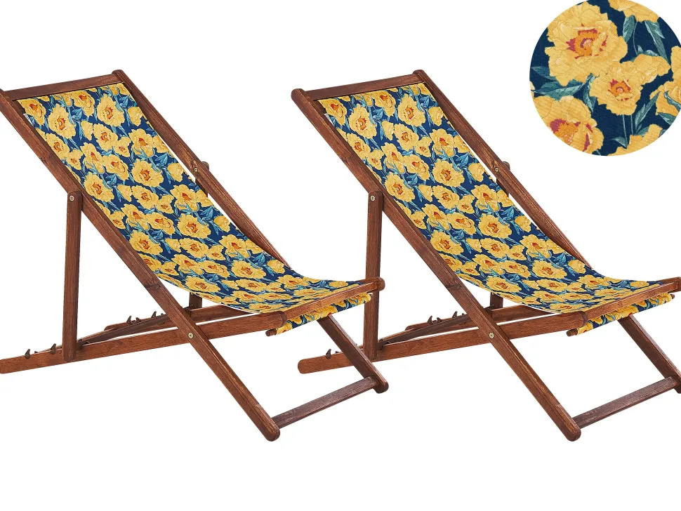 Conjunto 2 Espreguicadeiras Madeira Escura E 2 Lonas Brancas E Padrao Flores Anzio