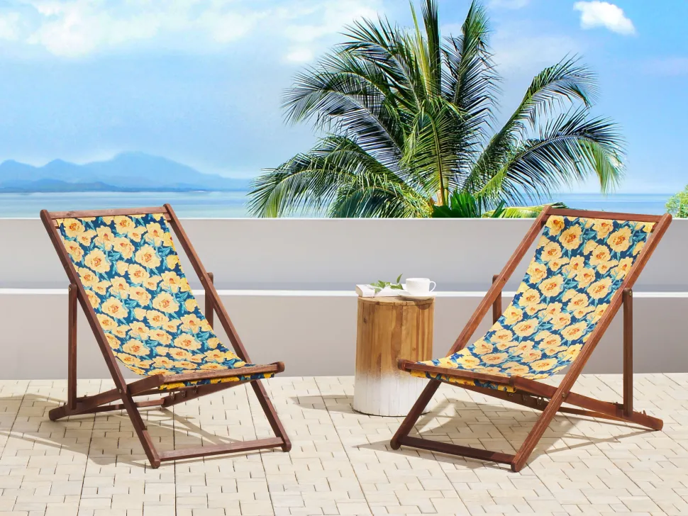 Conjunto 2 Espreguicadeiras Madeira Escura E 2 Lonas Brancas E Padrao Flores Anzio