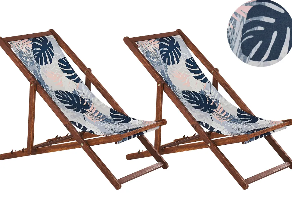 Conjunto 2 Espreguicadeiras Madeira Escura E 2 Lonas Brancas E Padrao Folha Tropical Anzio