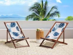 Conjunto 2 Espreguicadeiras Madeira Escura E 2 Lonas Brancas E Padrao Folha Tropical Anzio