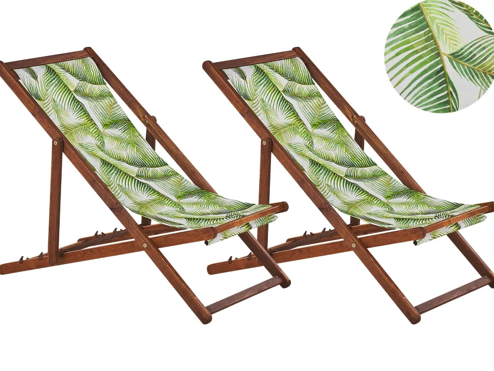 Conjunto 2 Espreguicadeiras Madeira Escura E 2 Lonas Brancas E Padrao Palmeira Anzio