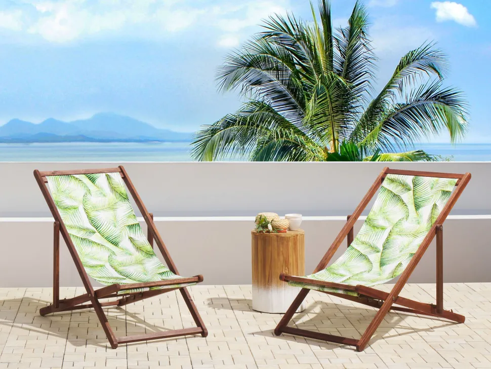 Conjunto 2 Espreguicadeiras Madeira Escura E 2 Lonas Brancas E Padrao Palmeira Anzio