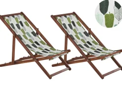 Conjunto 2 Espreguicadeiras Madeira Escura E 2 Lonas Brancas E Padrao Folha Anzio