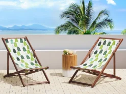 Conjunto 2 Espreguicadeiras Madeira Escura E 2 Lonas Brancas E Padrao Folha Anzio