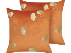 Conjunto De 2 Almofadas Com Padrao De Folha Laranja E Dourado 45 X 45 Cm Tulip