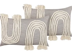 Conjunto De 2 Almofadas Com Bordado Em Algodao Em Cinzento E Creme 35 X 55 Cm Ocimum