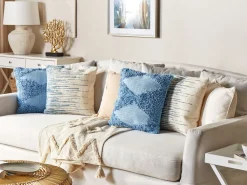 Conjunto De 2 Almofadas Decorativas Creme E Azul 45 X 45 Cm Rivina