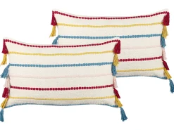 Conjunto De 2 Almofadas Decorativas Em Algodao Multicolor Com Padrao De Riscas E Borlas 40 X 60 Cm Agave