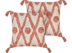 Conjunto De 2 Almofadas Decorativas Em Algodao Creme E Laranja Com Borlas 45 X 45 Cm Hickory