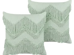 Conjunto De 2 Almofadas Decorativas Em Algodao Verde Claro Com Borlas 45 X 45 Cm Bacopa