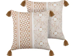 Conjunto De 2 Almofadas Decorativas Com Padrao Geometrico Em Algodao Castanho Claro E Branco 45 X 45 Cm Malus