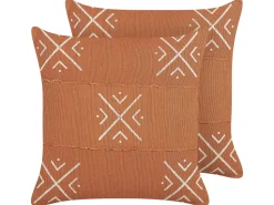 Conjunto De 2 Almofadas Decorativas Com Padrao Geometrico Em Algodao Laranja E Branco 45 X 45 Cm Vitis