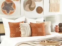 Conjunto De 2 Almofadas Decorativas Com Padrao Geometrico Em Algodao Laranja E Branco 45 X 45 Cm Vitis