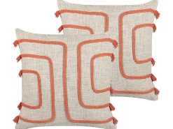 Conjunto De 2 Almofadas Decorativas Em Algodao Creme E Laranja Com Padrao Abstrato 45 X 45 Cm Pleione
