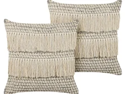 Conjunto De 2 Almofadas Decorativas Em Algodao Creme E Borlas 45 X 45 Cm Iresine