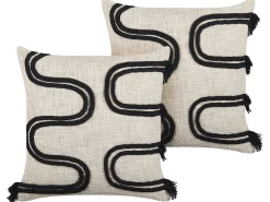 Conjunto De 2 Almofadas Decorativas Em Algodao Creme E Preto 45 X 45 Cm Fuchsia