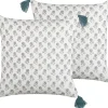 Conjunto De 2 Almofadas Decorativas Com Padrao Floral E Borlas Em Algodao Branco A Azul 45 X 45 Cm Cornus