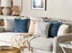 Conjunto De 2 Almofadas Decorativas Com Padrao Floral E Borlas Em Algodao Branco A Azul 45 X 45 Cm Cornus