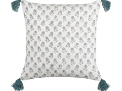 Conjunto De 2 Almofadas Decorativas Com Padrao Floral E Borlas Em Algodao Branco A Azul 45 X 45 Cm Cornus