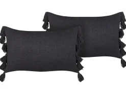 Conjunto De 2 Almofadas Decorativas Com Borlas Em Algodao Cinzento 35 X 55 Cm Lythrum