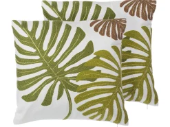 Conjunto De 2 Almofadas Decorativas De Algodao 45 X 45 Cm Padrao Folhas Verdes Zenobia