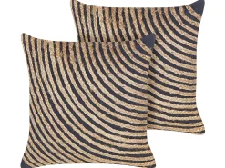 Conjunto De 2 Almofadas Decorativas Em Algodao Preto Com Juta Creme 45 X 45 Cm Bergenia