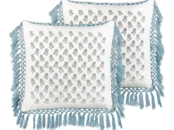Conjunto De 2 Almofadas Decorativas Com Padrao Floral E Borlas Em Algodao Branco E Azul 45 X 45 Cm Pallida