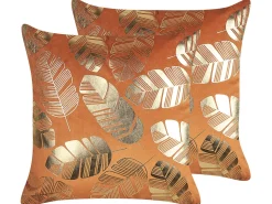 Conjunto De 2 Almofadas Decorativas Em Veludo Laranja E Dourado 45 X 45 Cm Poppy