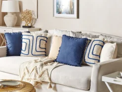 Conjunto De 2 Almofadas Decorativas Em Algodao Creme E Azul Marinho Com Padrao Abstrato 45 X 45 Cm Pleione