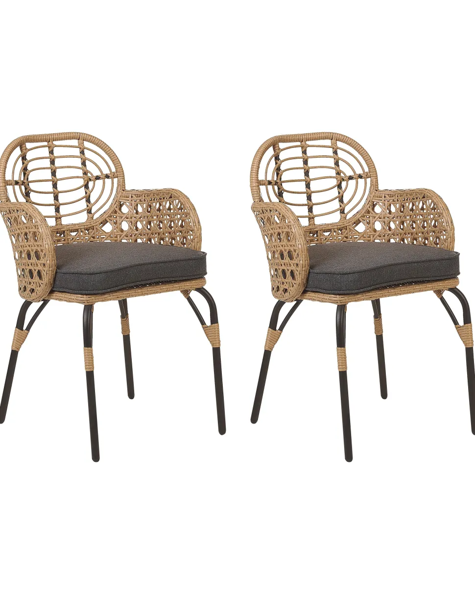 Conjunto De 2 Cadeiras De Jardim Em Rattan Cor Natural Com Almofadas Pratello