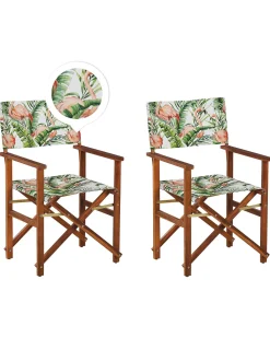 Conjunto De 2 Cadeiras Em Madeira Escura 2 Lonas Cinzentas E Padrao Flamingo Cine