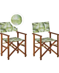 Conjunto De 2 Cadeiras Em Madeira Escura 2 Lonas Cinzentas E Padrao Palmeira Cine