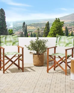 Conjunto De 2 Cadeiras Em Madeira Escura 2 Lonas Cinzentas E Padrao Palmeira Cine