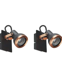 Conjunto De 2 Candeeiros De Parede Em Metal Preto E Cor De Cobre Baro