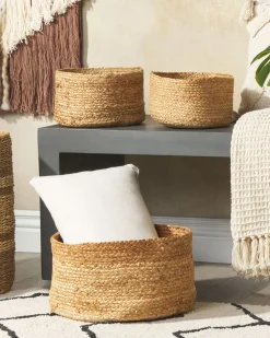 Conjunto De 3 Cestos Em Juta Natural E Creme Ranwal