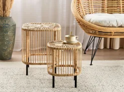 Conjunto De 2 Mesas De Centro Em Rattan Natural E Preto 67 X 67 Cm Cesenatico