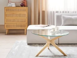 Conjunto De 2 Mesas Em Madeira Clara E Tampo De Vidro Temperado Valley