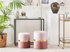 Conjunto De 2 Tamboretes Em Veludo Rosa Wichita