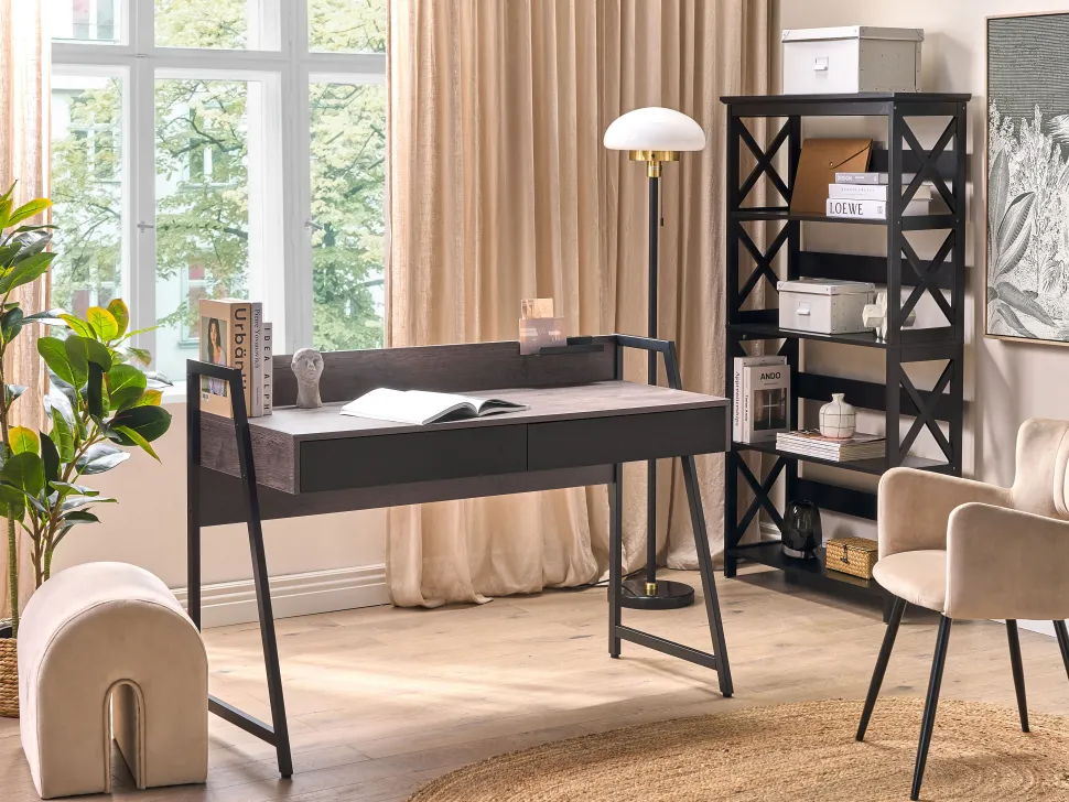 Conjunto De Escritorio Em Madeira Escura E Preto Foster/Harwich