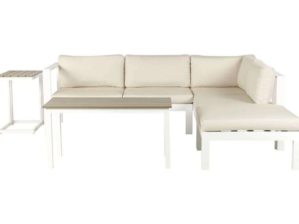 Conjunto De Jardim 5 Lugares Em Aluminio Branco E Almofadas Creme A Esquerda Messina