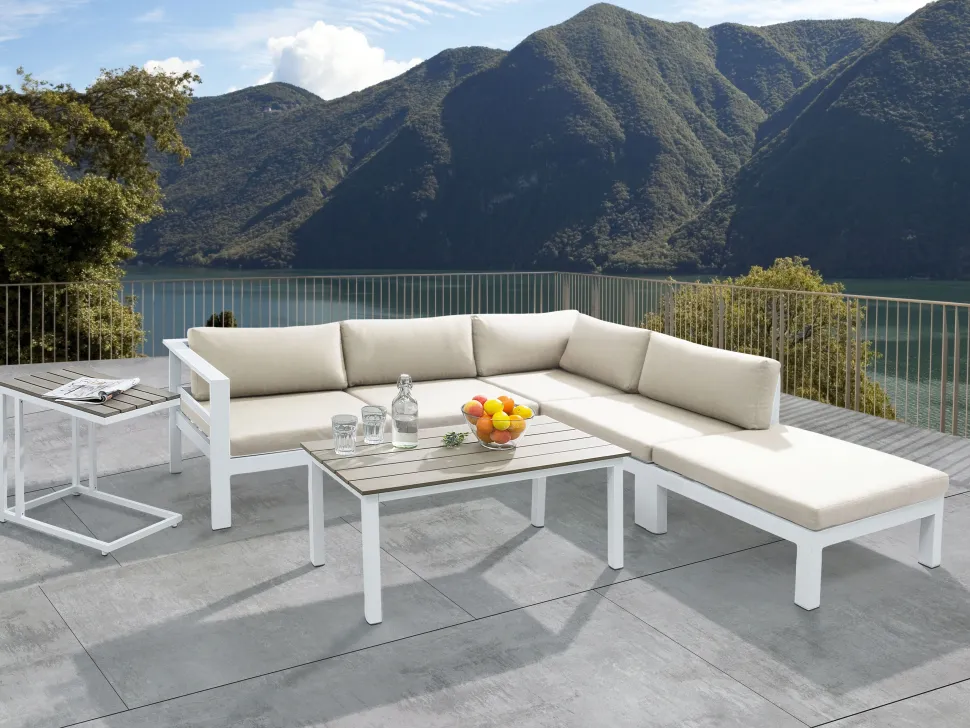 Conjunto De Jardim 5 Lugares Em Aluminio Branco E Almofadas Creme A Esquerda Messina