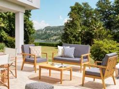 Conjunto De Jardim Em Madeira Com Almofadas Cinzentas Escuras Pallano